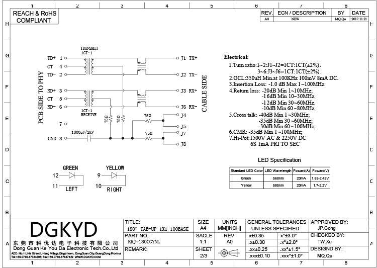 KRJ-180CGYNL Vertical entry 100 BASE RJ45 Shielded Ethernet Connector with LEDS