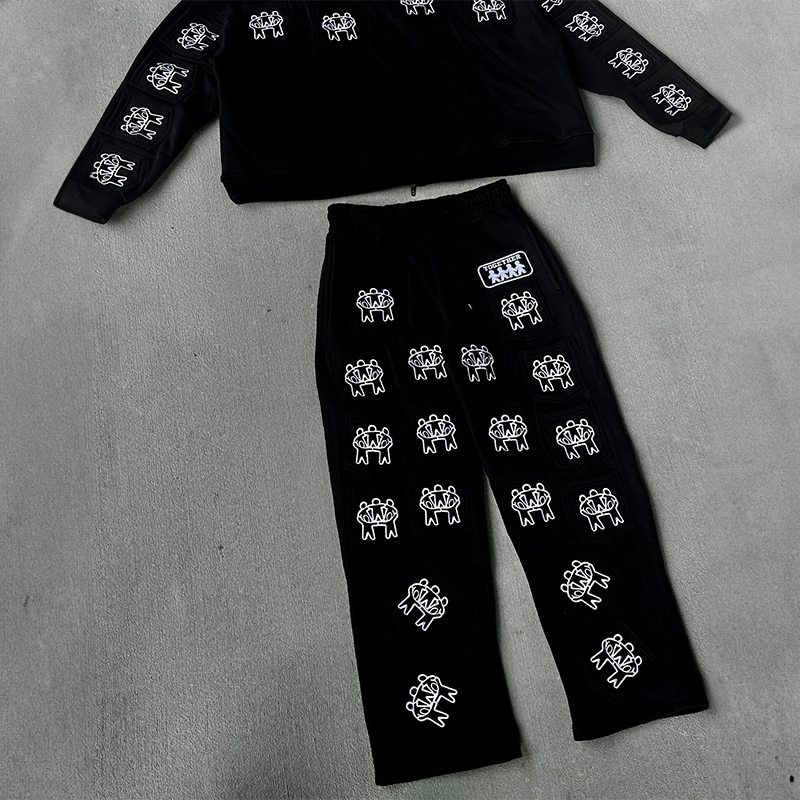 Custom Tracksuit Unisex Screen Print Full Multi Pocket Sweat Jogging 100% Cotton Suits Streetwear Hoodie and Sweatpants Set