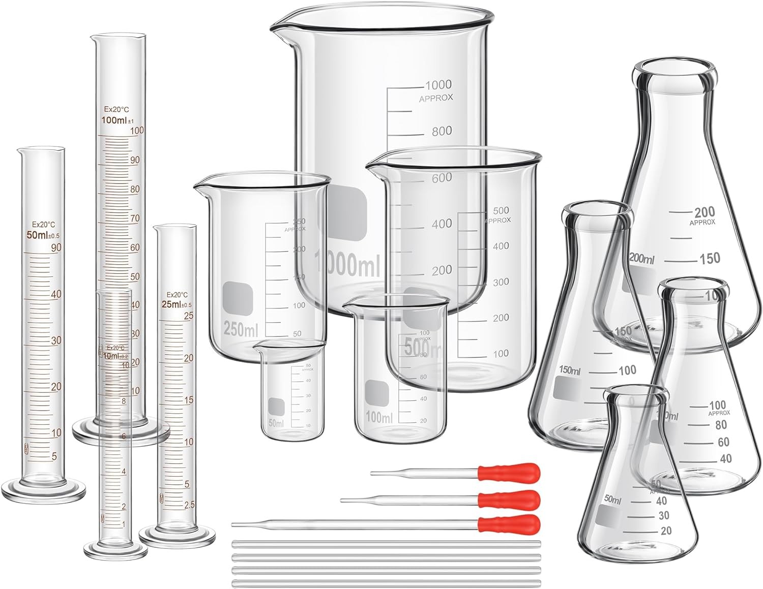 Lab Glassware Include 4 Graduated Cylinder Set, 4 Glass Beaker Set, 3 Glass Dropper, 4 Stirring Rod, 5 Measuring Cups