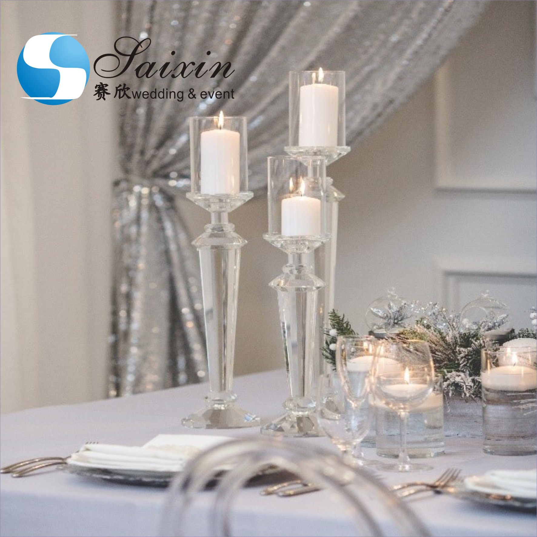Hot ! 3 piece set tall crystal Hurricane candle holder for wedding table decoration