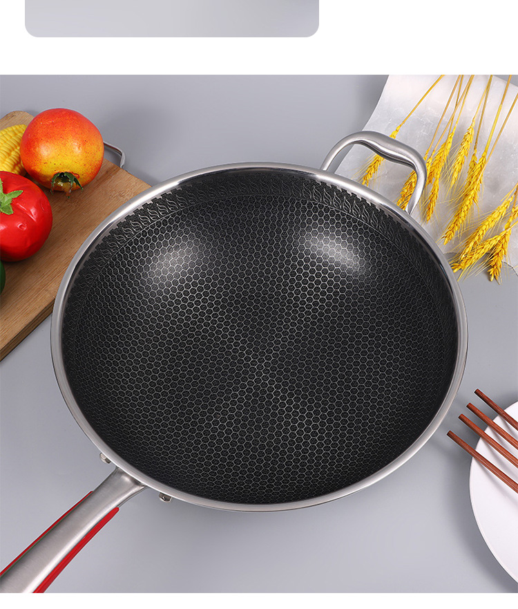 Hot Selling Kitchen 32cm Induction Wok Pan SUS 304 Stainless Steel Honeycomb Non-stick Frying Pan
