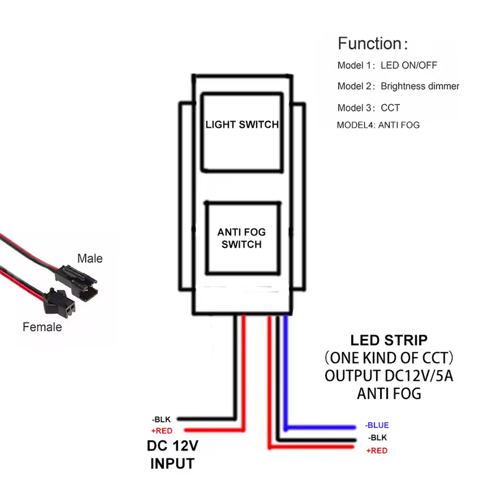 36W Single Color LED Defogger with Smart Double Key Touch Dimmer Switch DC12V/5A Input