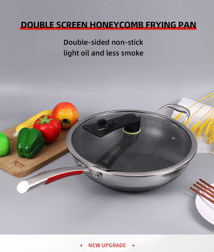 Hot Selling Kitchen 32cm Induction Wok Pan SUS 304 Stainless Steel Honeycomb Non-stick Frying Pan