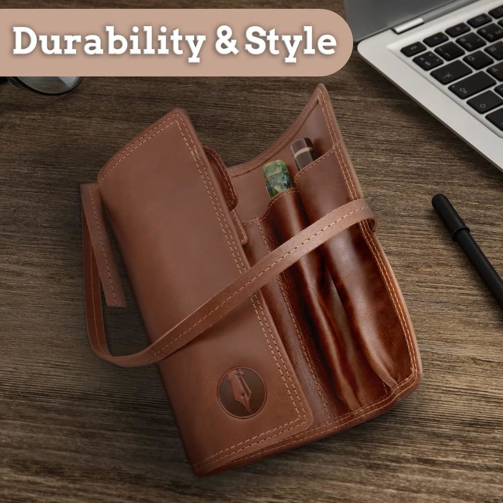 Fountain Pen Case Features Sturdy Strap, Fold-over Flap – Roll up Pouch Holds 6 Pens,