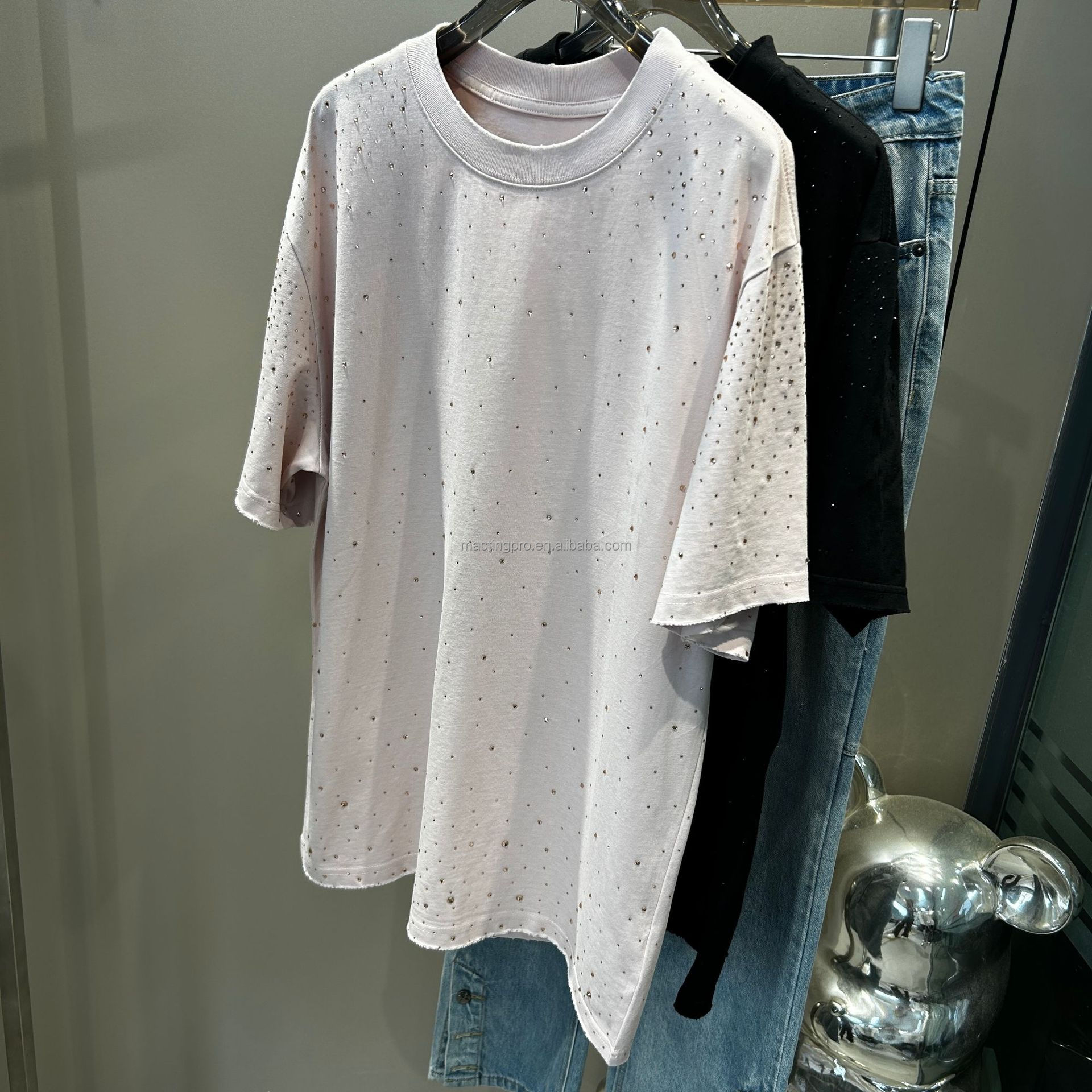 Label Heavyweight Rhinestone T Shirt Custom For Streetwear Over Size Vintage Look