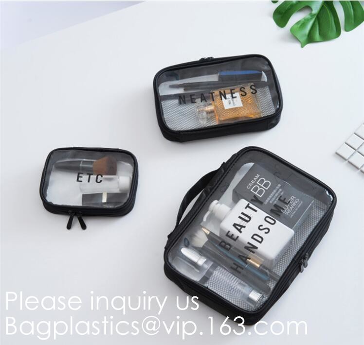 Clear Zipper Pouch with Strap Makeup Bag PVC Cosmetic Pouch,Printing Clear k Cosmetic PVC Pouch, bagease, bagplast