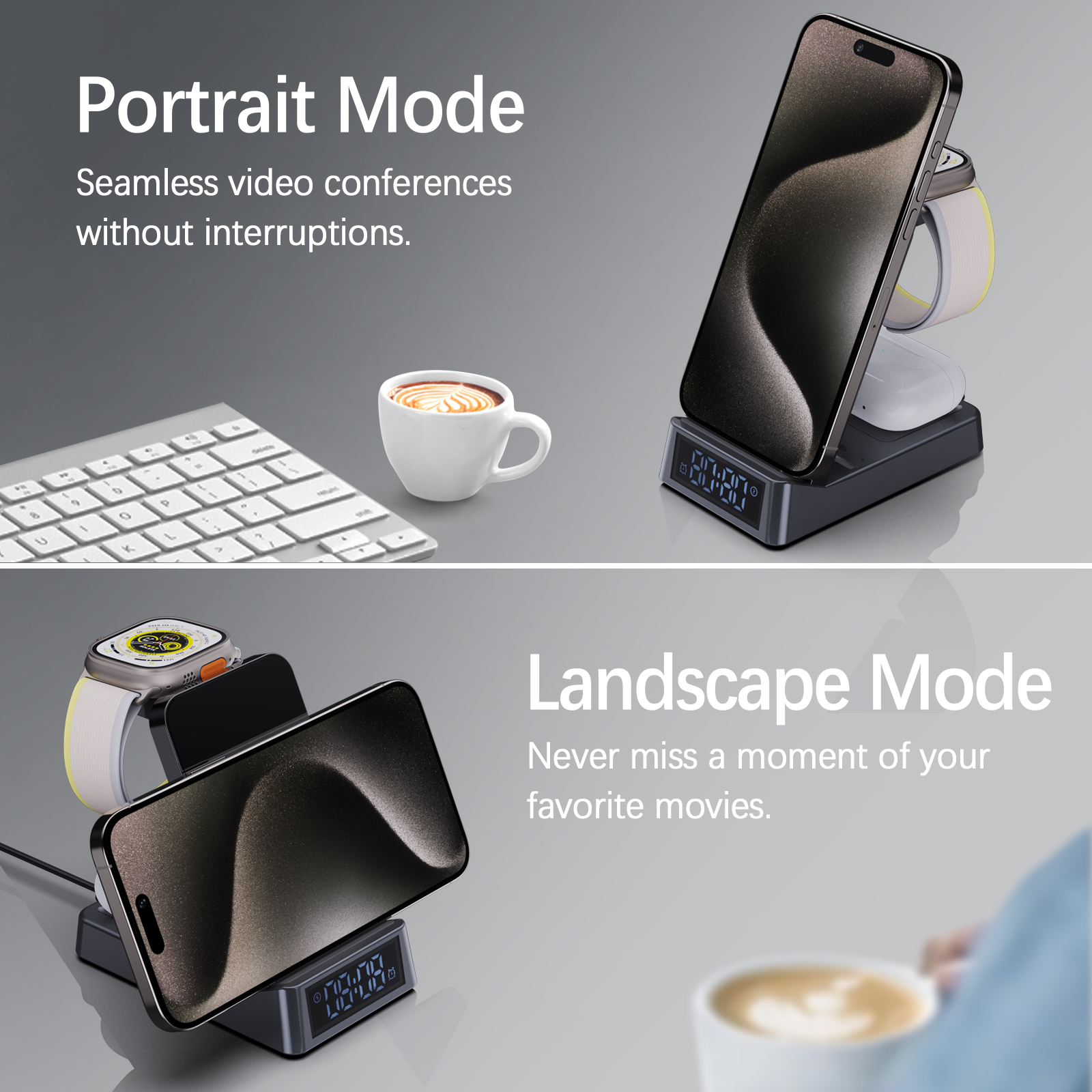 Multifunctional Desktop Portable Wireless Charger Stand With Alarm Clock And Night Light 6 In 1