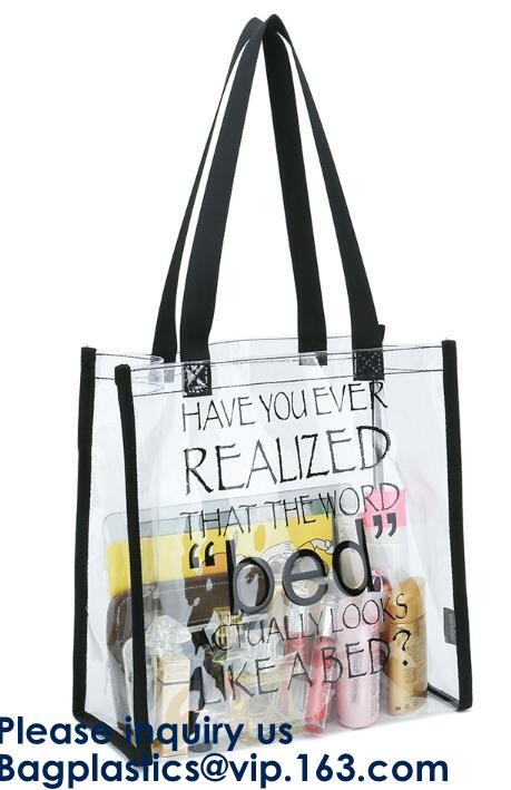 Beach Bag Clear PVC Bag Tote With Inner Pocket And Zipper Closure,PVC Bag Beach Tote With Black Handles, Bagease