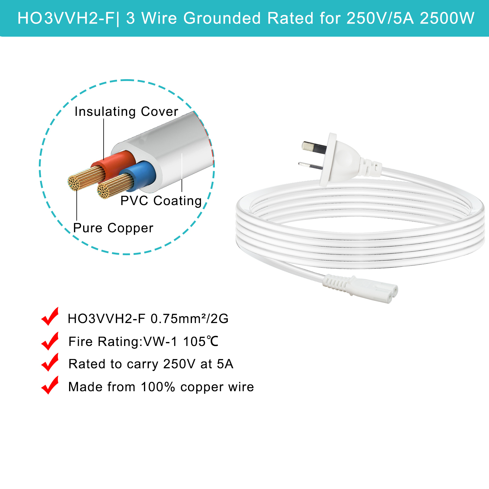 ROHS Standard Figure 8 2 Prong C7 Electric Power Cord 2Pin Ps5 Power Cable