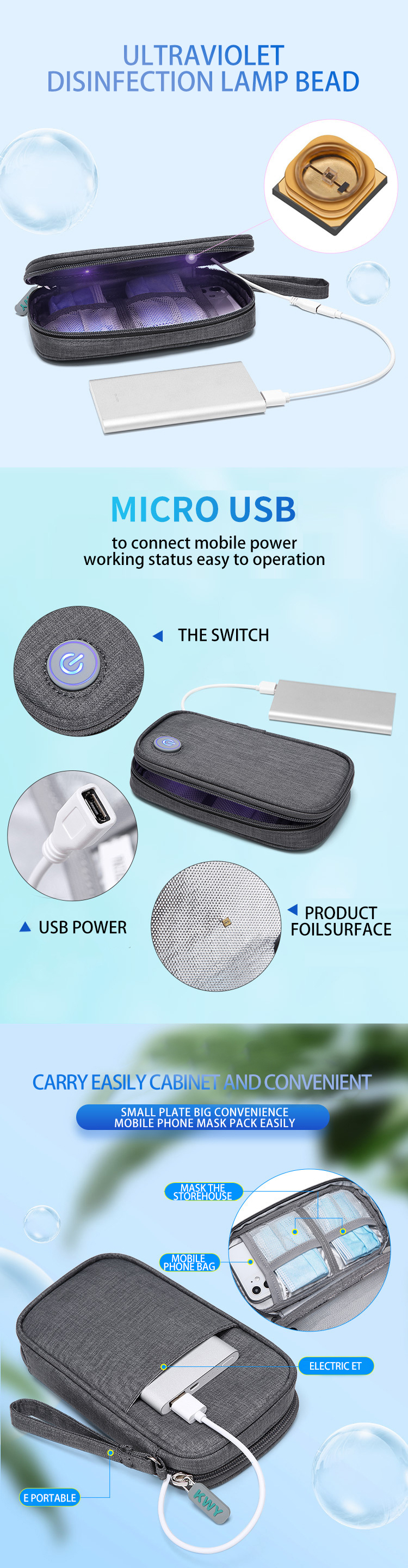 2W 5V UVC Disinfection Bag Portable LED UV Disinfection Bag 11*4*19cm