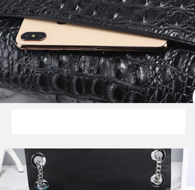 Exotic Genuine Crocodile Skin Silver Chain Lady Purse Real True Alligator Leather Women Purse Female Single Shoulder Bag