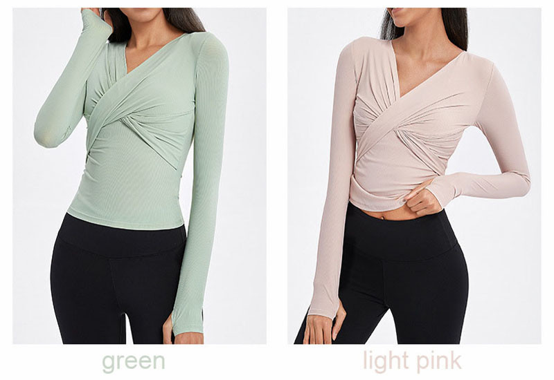 Cross Folded Ladies Yoga Tops Long Sleeve V Neck Sports Shirts With Thumb Hole