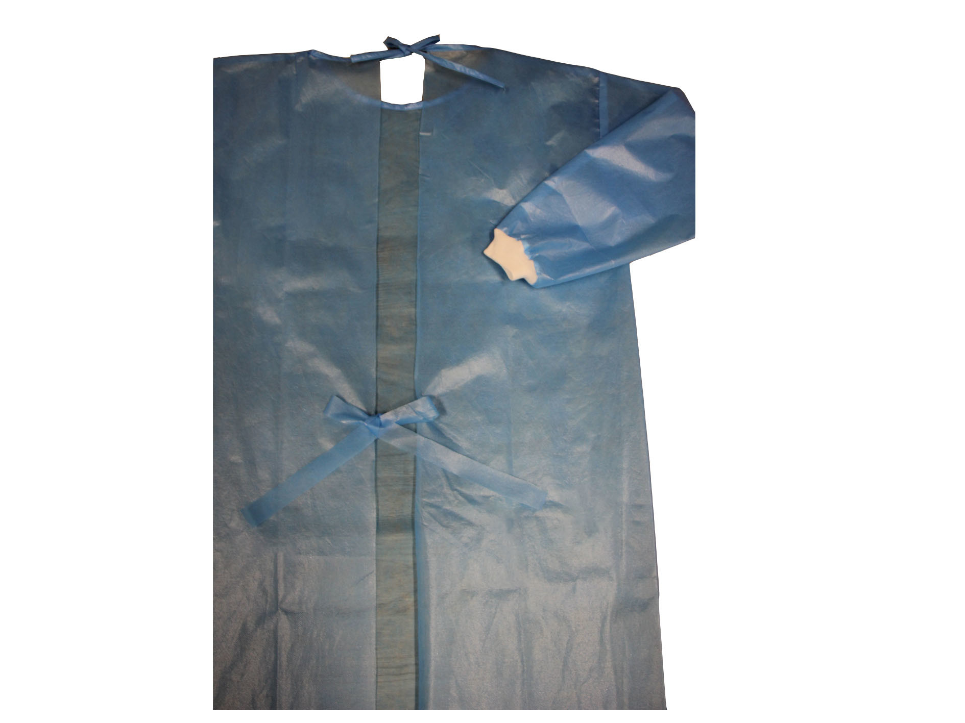 Blue PP+PE 45GSM AAMI Level 2 Disposable Isolation Gown Back Opening With Rib-knitted Cuffs&Ties&Polyester Thread