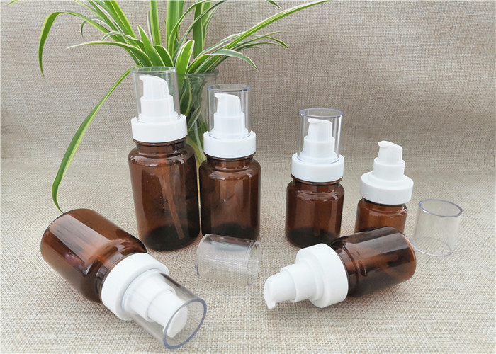Amber PET bottle with fine mist sprayer in white color full overcap transparent