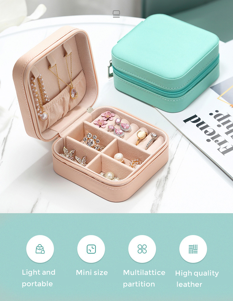 Square PU Leather Travel Jewelry Box Organizer For Rings Earrings Necklace Storage