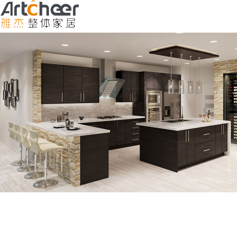 White Quartz Stone Top U Shape Kitchen Cabinet with Modern Stylish PVC Membrane Door Panel
