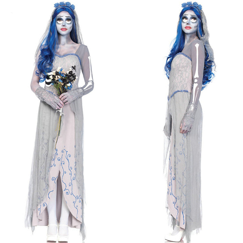 White Long Show Dress Costume Halloween Cosplay Ghost Bridal Party Attire for Women's