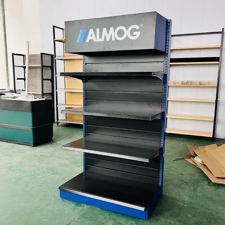 Factory Custom Size grey Color logo slotted back board supermarket shelves 4 layers shelf supermarket display for pharmacy