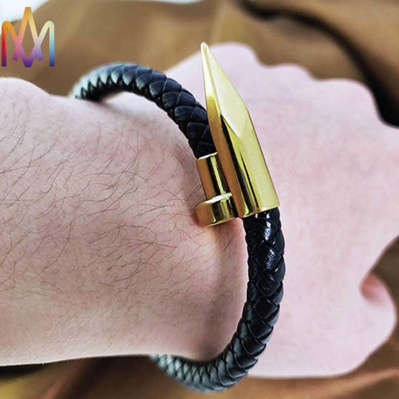 Engraved Braided Leather Nail Bracelet