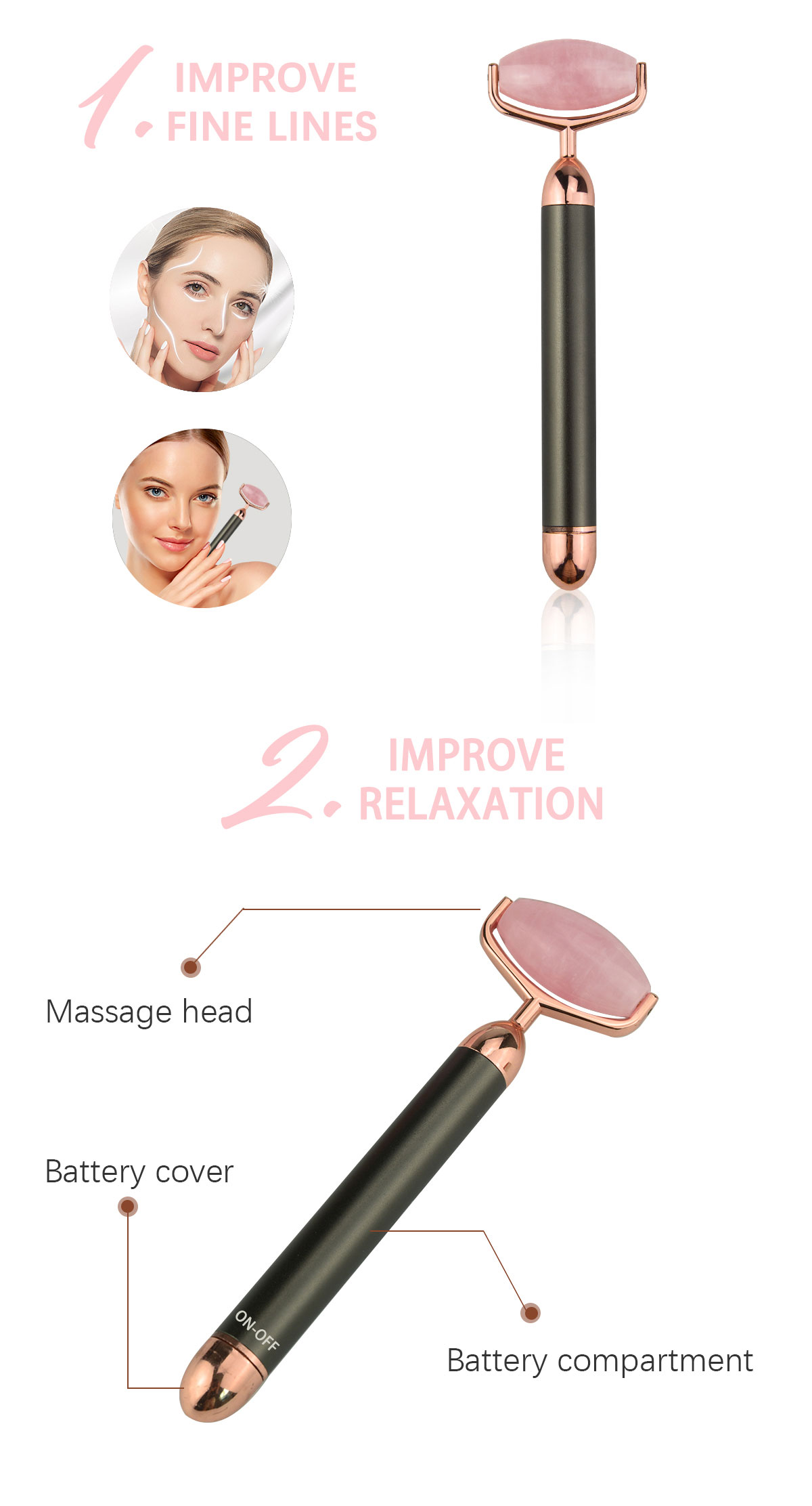 47mm Mini Waterproof Natural Face Jade Rollers Electric Vibration