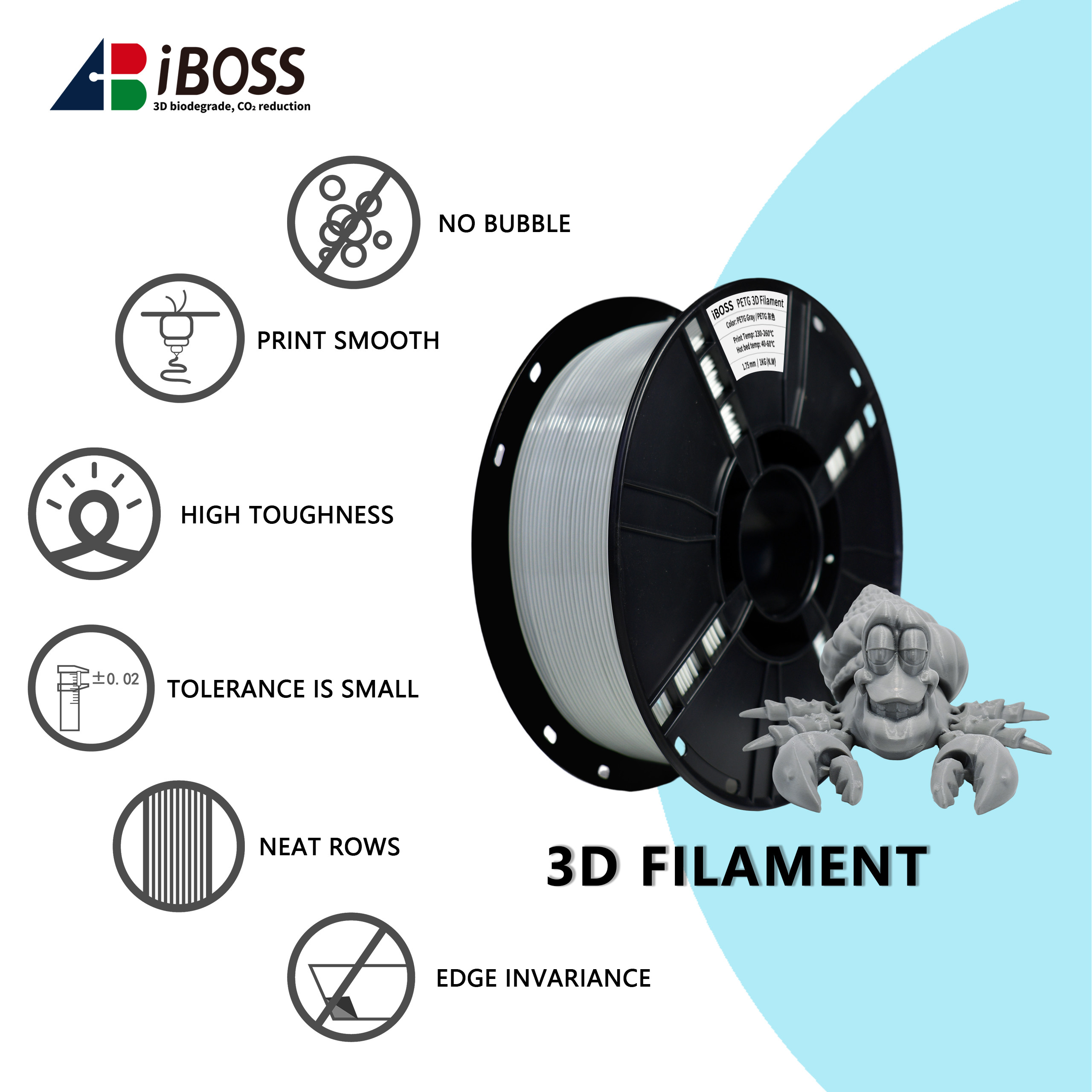 iBOSS PETG Printing 1.75mm Gray Filament 3D Printer Filament Suitable for Bambu Lab printers
