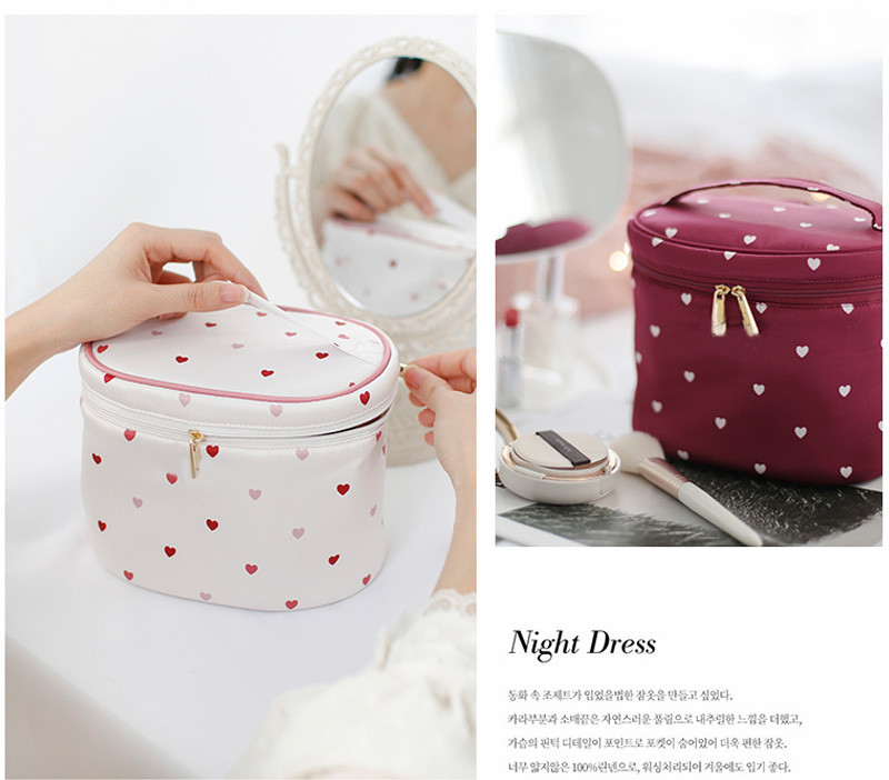Heart Printed Zipper Closure Satin Cosmetic Makeup Bag