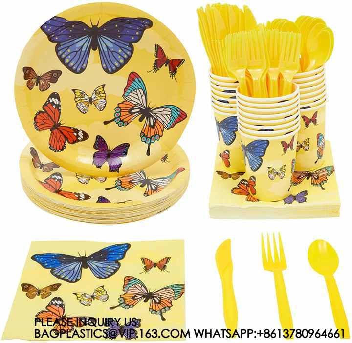 Birthday Party Decoration Festival Tableware Paper Plates Cups Purple Butterfly Party Supplies