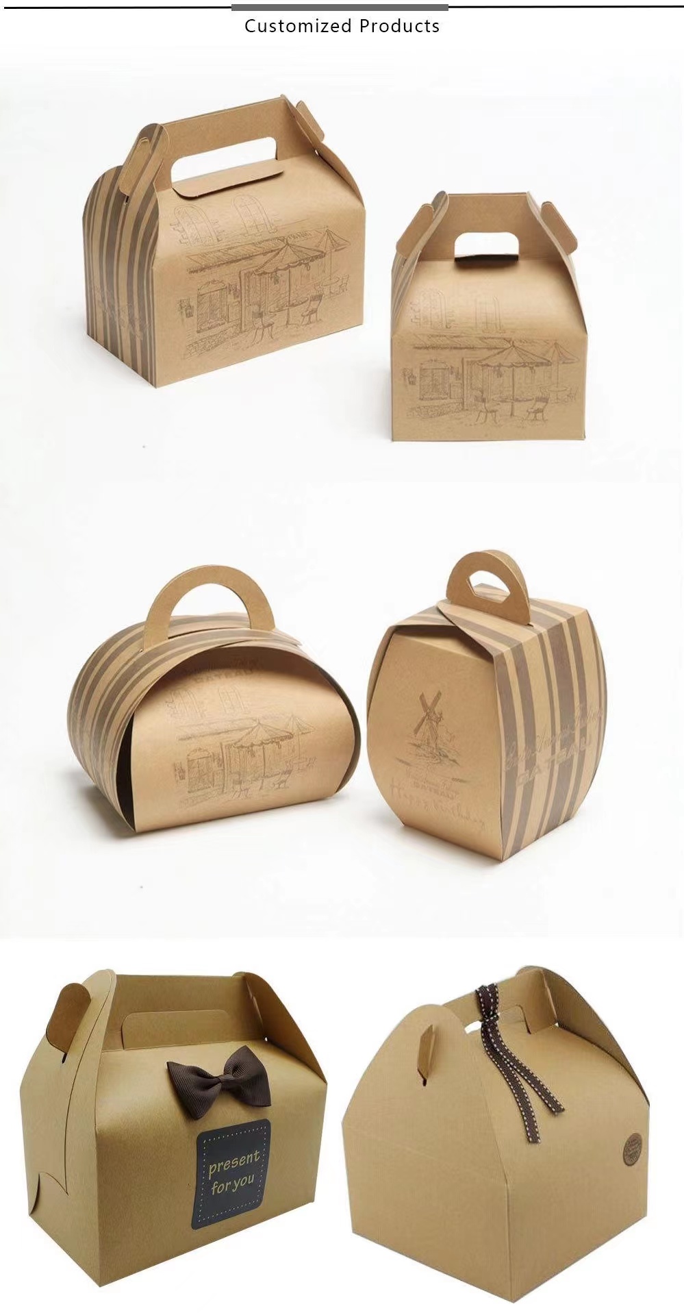 Recyclable Disposable Bakery Takeaway Brown Kcraft Cake Box Cake Card Box with Handle