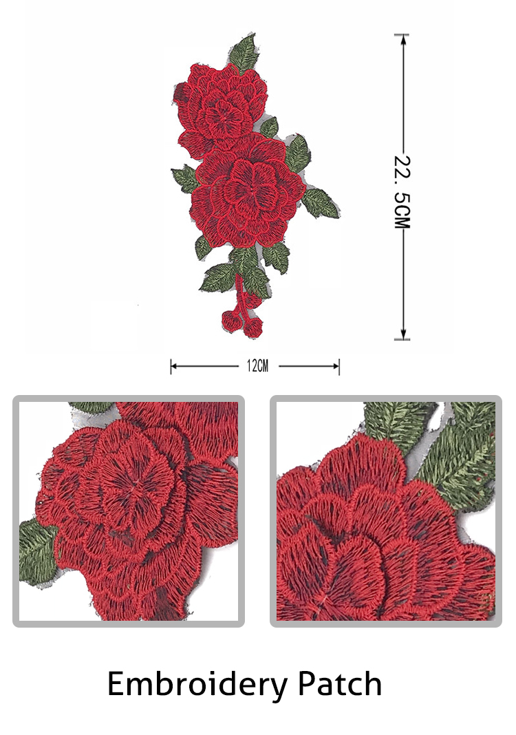 Mesh Iron On Embroidered Patches / Dress Patches Red Flower Shape Custom Logo