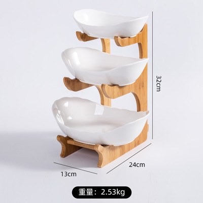 White Green 2 3 Tier Ceramic Fruit Bowl With Bamboo Wood Stand For Kitchen Counter