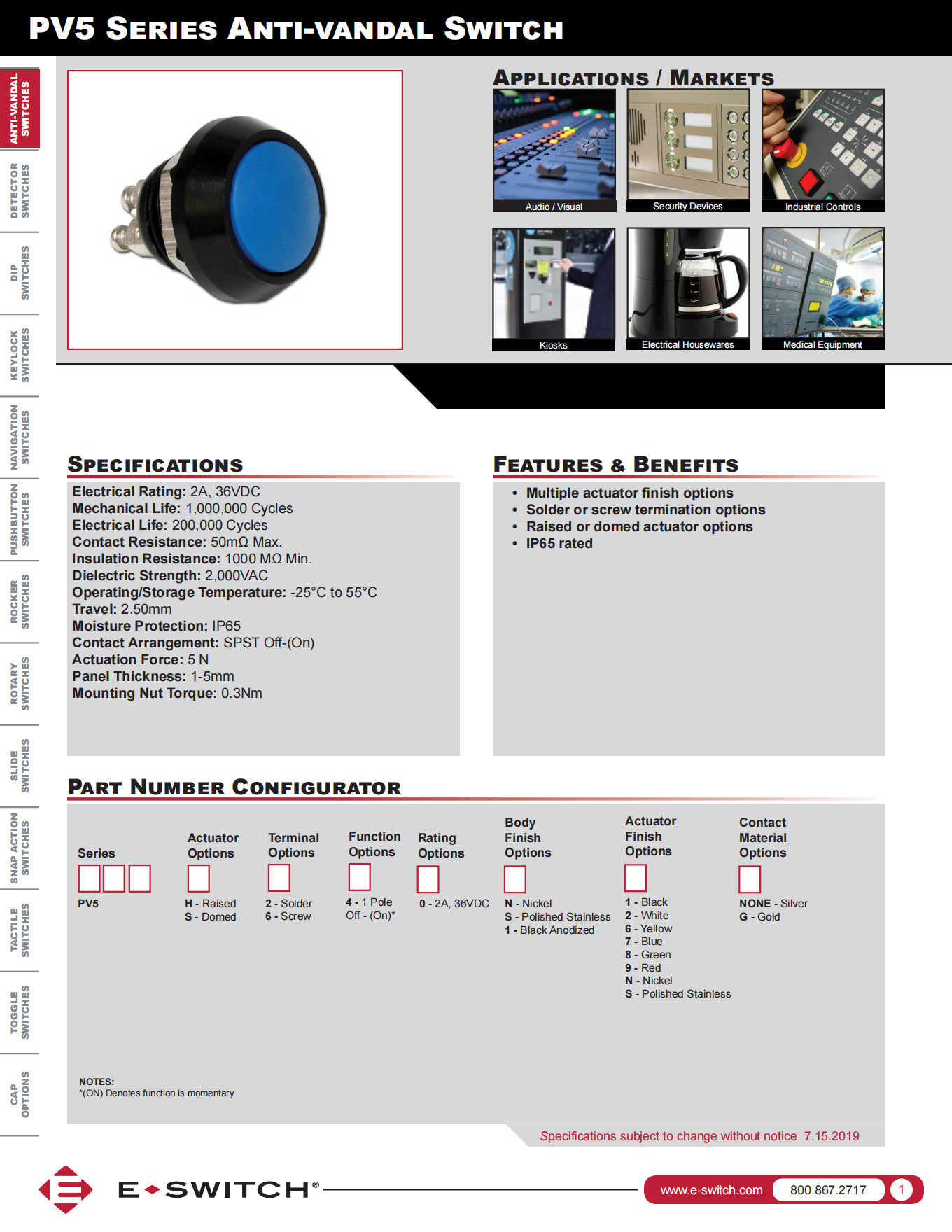 SPST Momentary Push Button Switch OFF / ON Dome 2A 36VDC Electronic Components