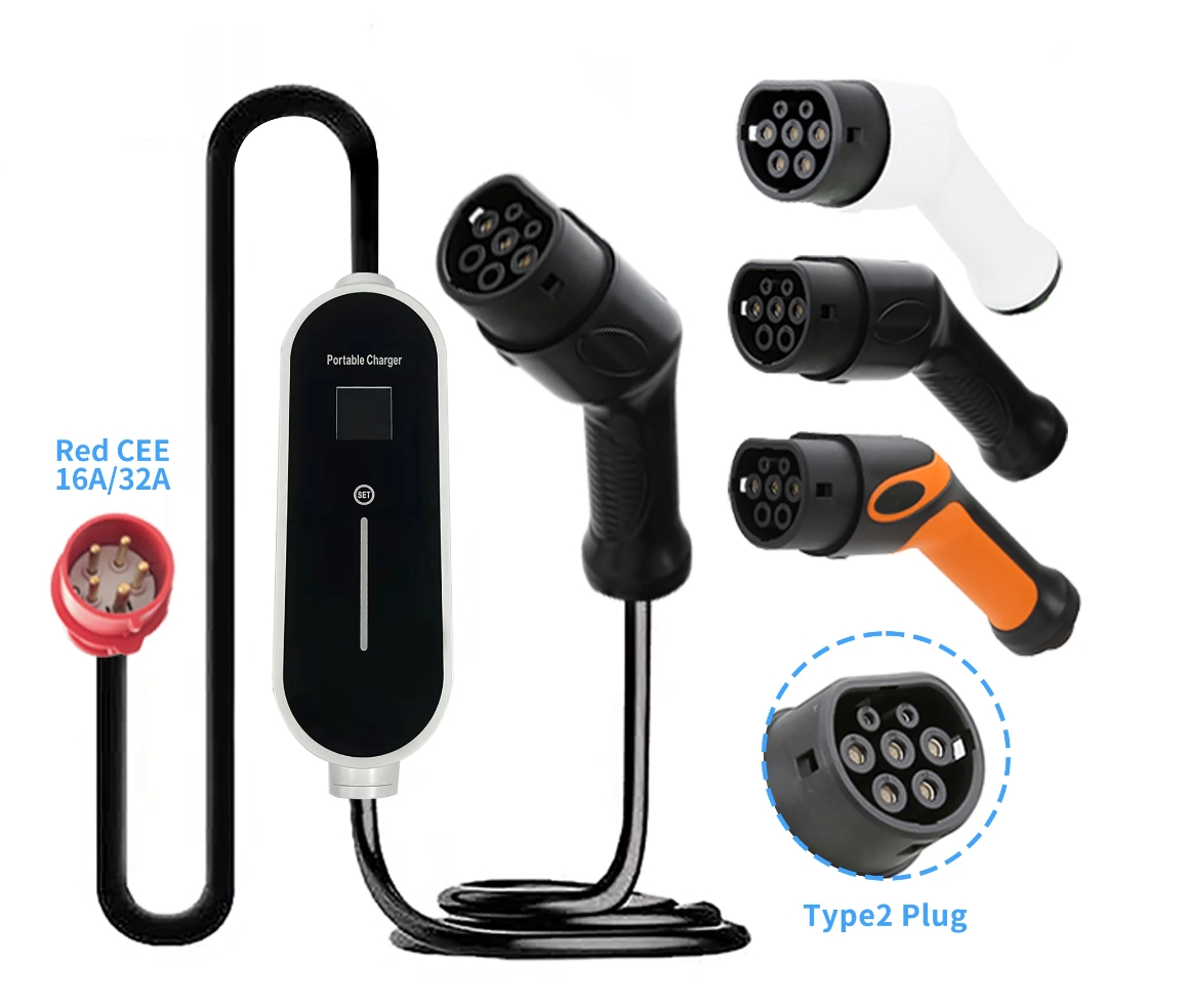 Portable GB/T Mobile Electric Car Chargers 16A 11kw Type 2 Charger With LCD Display