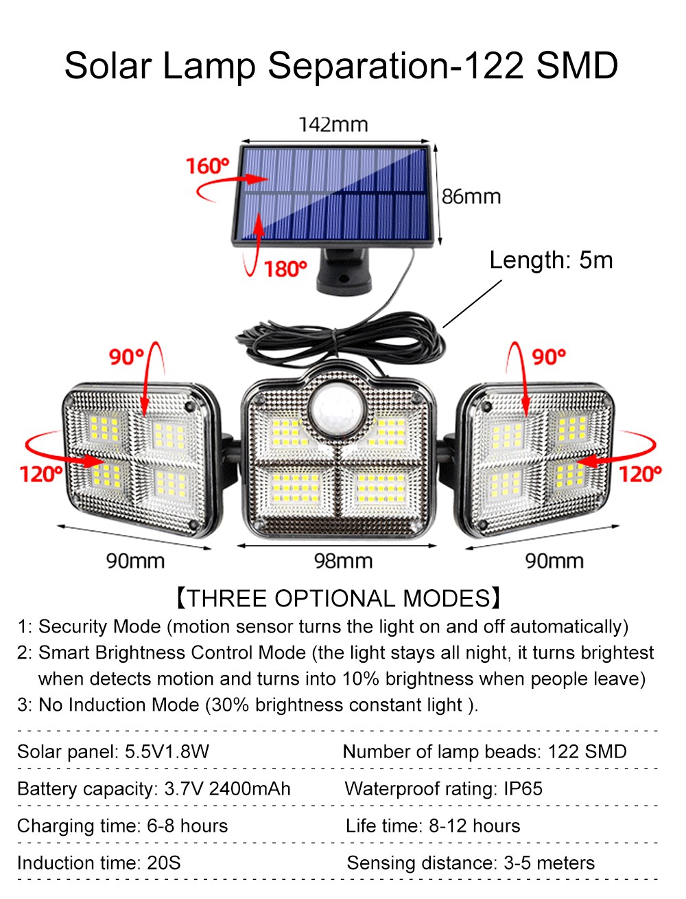 6500K 1.8W Outdoor LED Solar Lamp 270 Wide Angle 3.7V 2400mah