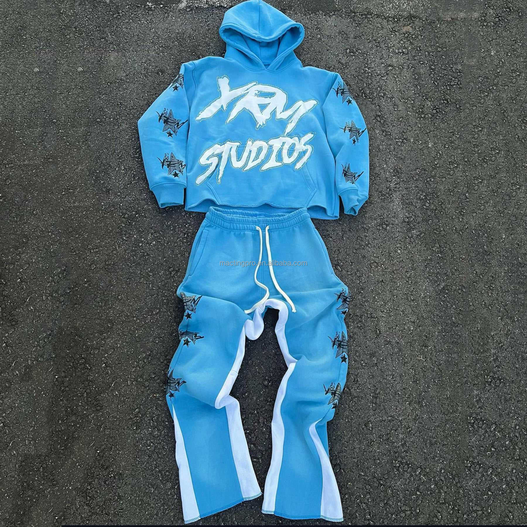 Custom Size Y2K Cut Raw Hem Hoodie and Sweatpants Set for Men's Streetwear in Cotton