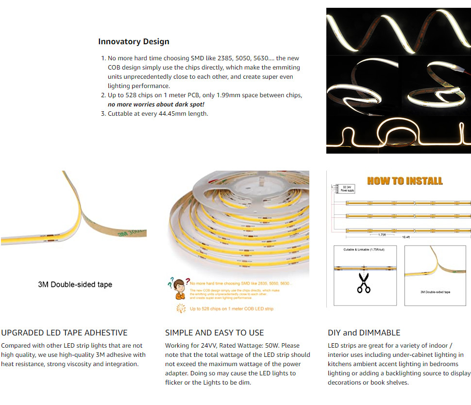 12V 24V 8MM 15W 10W Flexible FOB COB LED Strip for Home Decorative Light