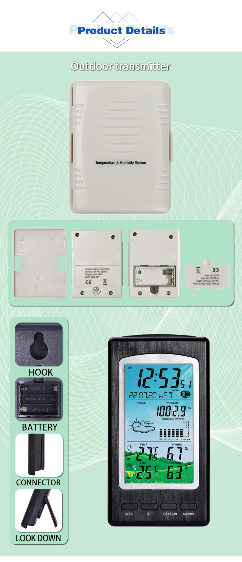 WS1070C Household Wireless Thermometer And Hygrometer With Moon Phase And Temperature Accuracy ±1 ° C