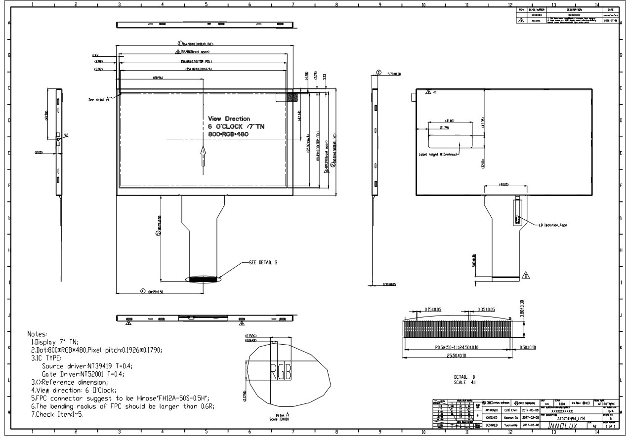 7 Inch Innolux Original TFT Display Module AT070TN94 RGB 50 Pin Interface