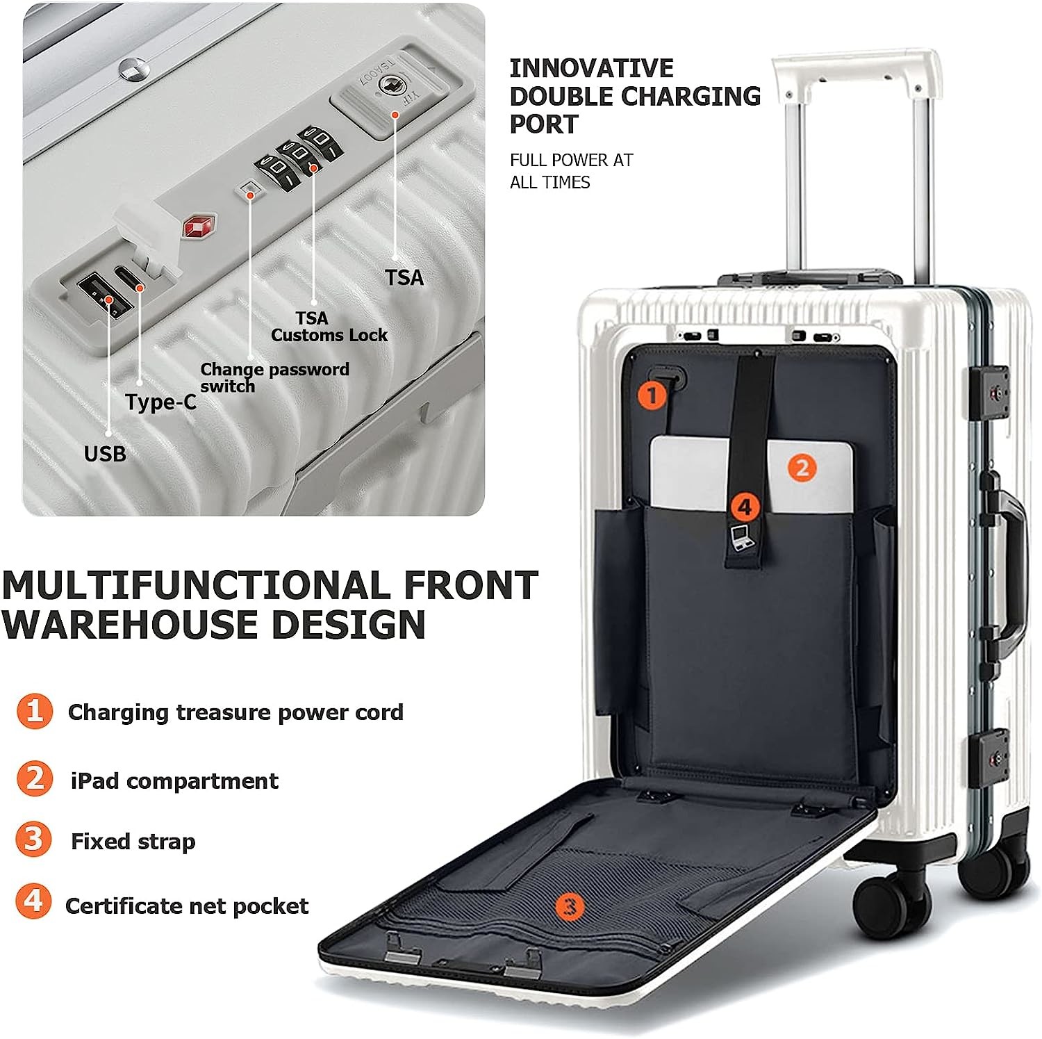 20in Aluminium Frame Hardside Spinner Wheel Luggage, Built-In TSA lock Carry on Suitcase, with Cup Holder & USB Port