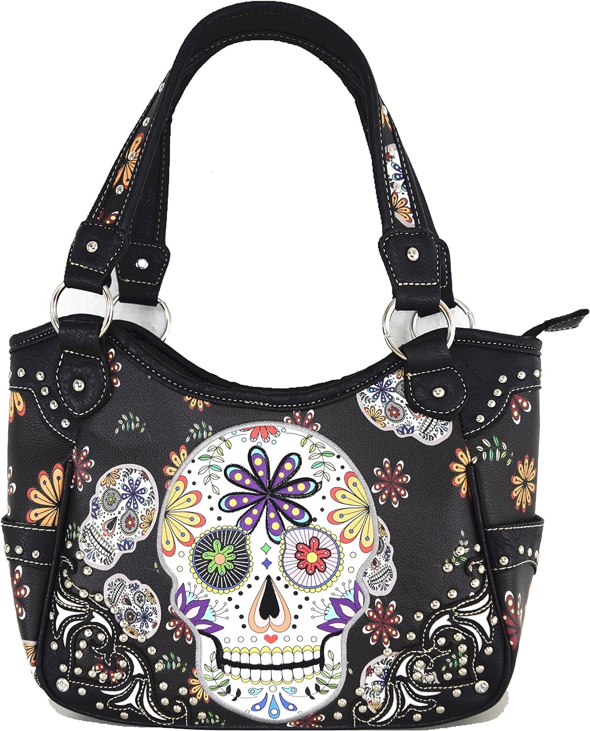PUNK GOTHIC ROCK METALLIC SKULL DAY OF THE DEAD FLORAL SUGAR SKULL LEATHER PURSE WOMEN HANDBAG SHOULDER BAG WALLET SET