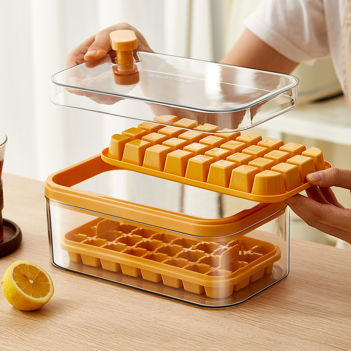 32/64 Grid Ice Mold Box One Button Press Type Reusable Whiskey Cocktail Bar Pub Wine With Lid And Bin