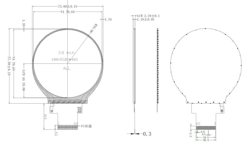 2.8 inch 480x480 Round TFT LCD Display Module 40pin ST7701S SPI RGB Interface LCD Display