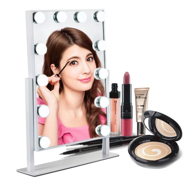 Square Alloy Frame LED Desktop Mirror 12 Led Bulbs For Makeup