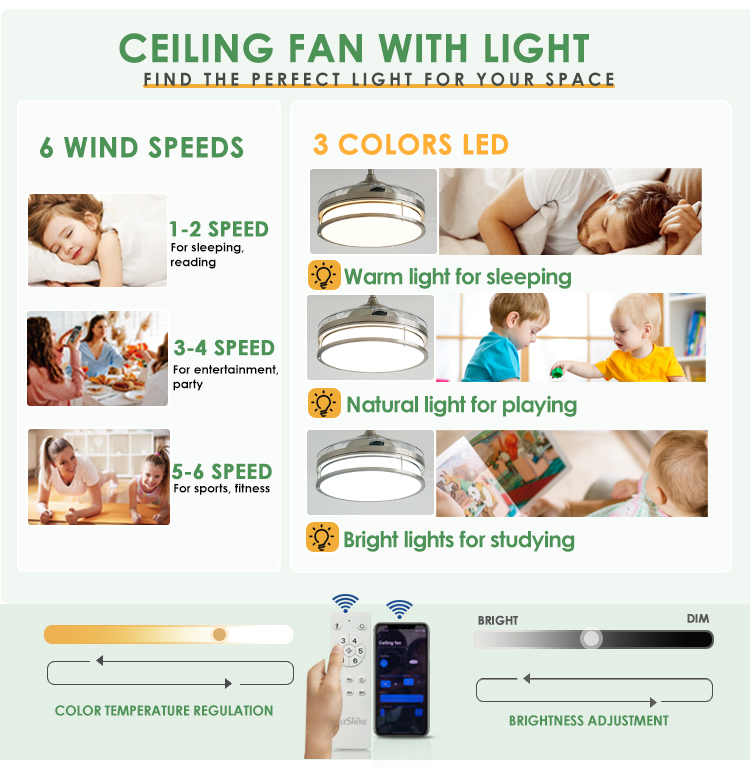 Retractable Blades LED Ceiling Fan 42 Inches in Satin Nickel for Home Hotel Office