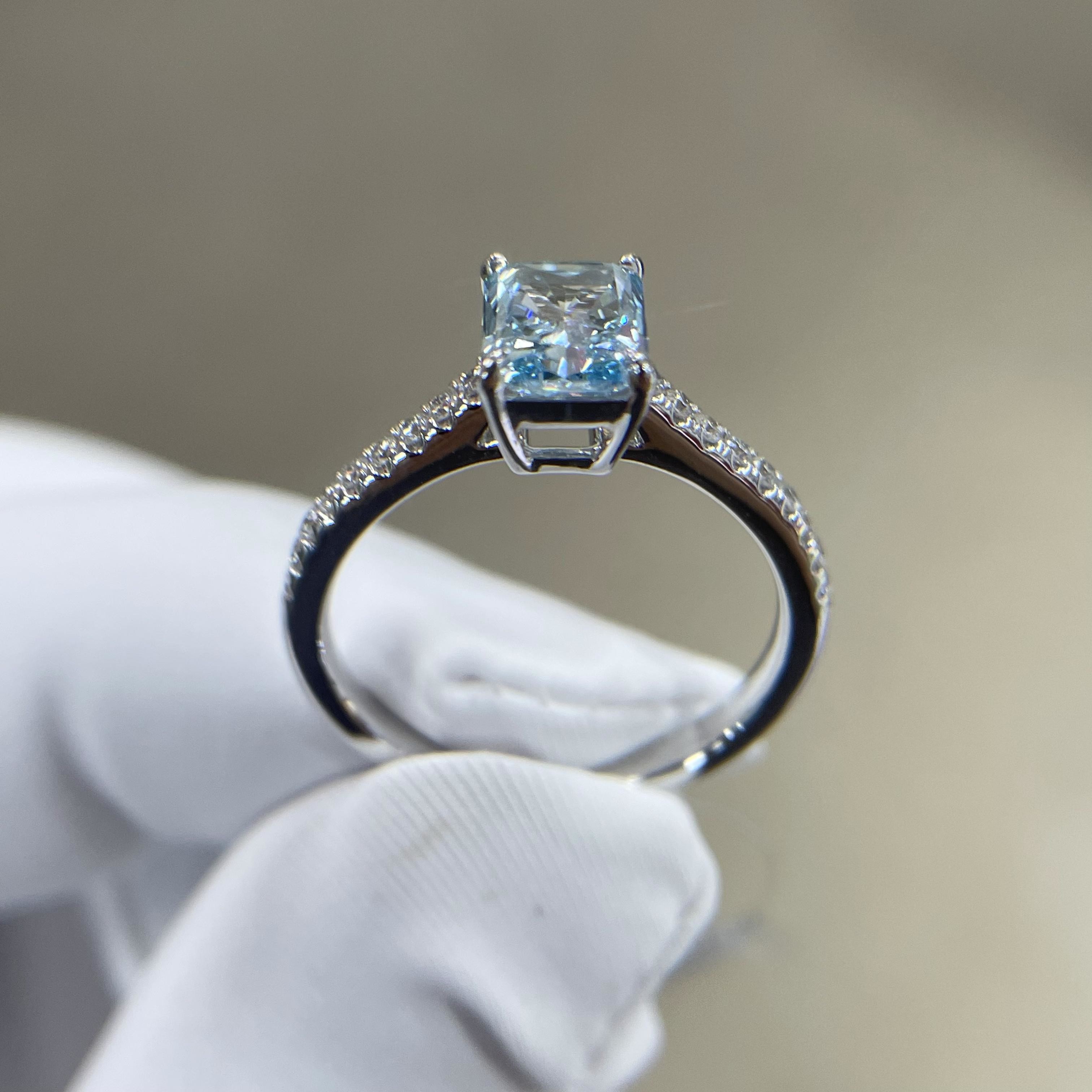 CVD Radiant Cut Lab Created 1.2CT Synthetic Blue Diamond IGI Certified 18K White Gold Custom Ring Made In China