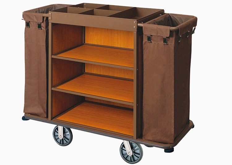 Brown Hotel Room Service Trolleys with 6 Inches PPR Casters Heavy Duty Linen Bags