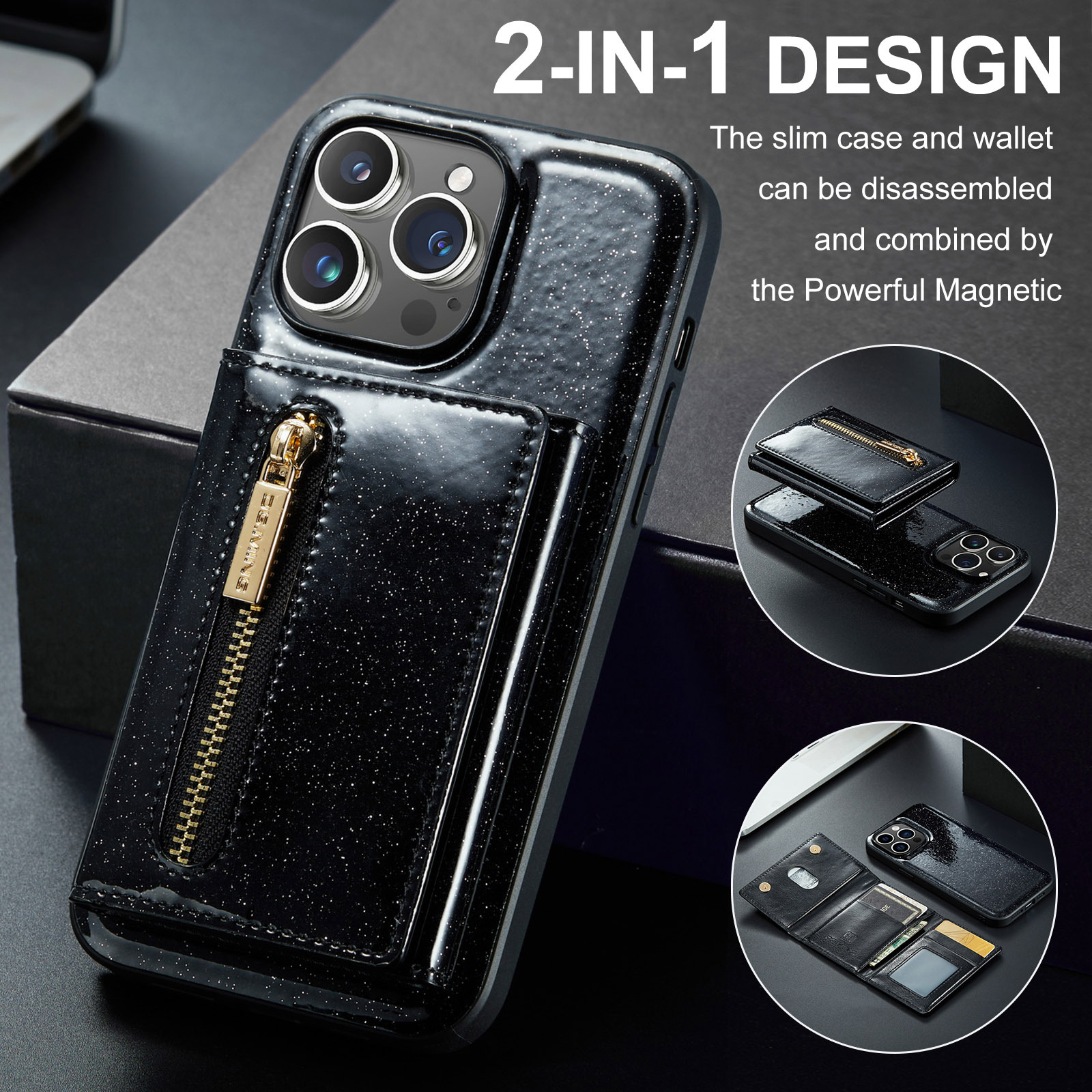 For IPhone15 Pro Max Flash Wallet Protector PU Mobile Cover IP14 Pro 2 in 1 Magnetic Cell Phone case