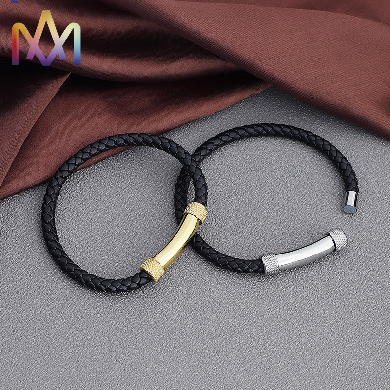Magnetic Snap SS304 Cowhide Mens Braided Bracelet 67MM With Cylindrical Bar