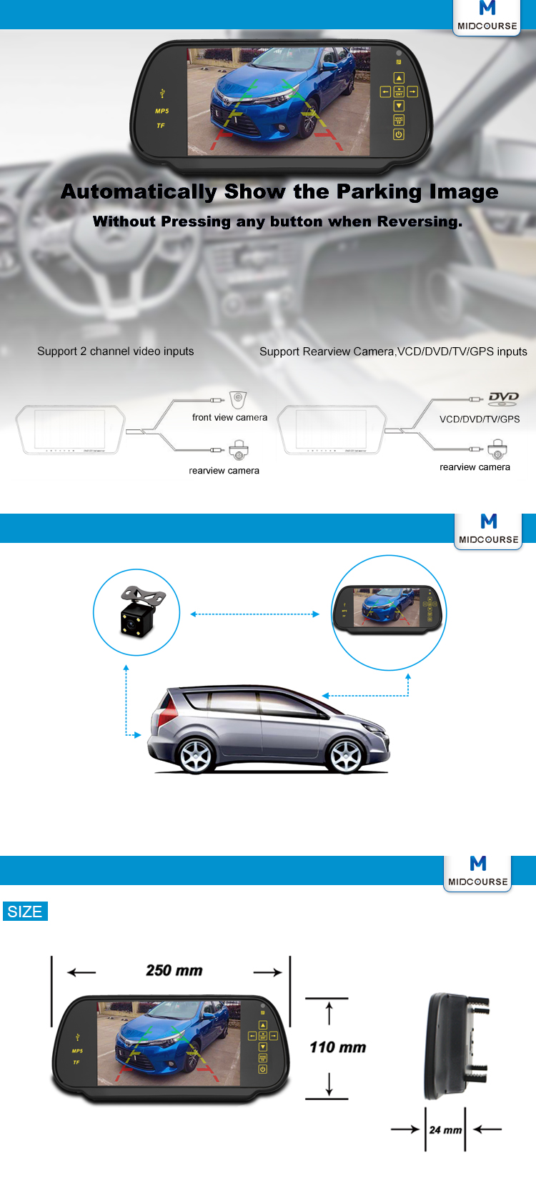 Universal 7 inch lcd car monitor for rear view mirror with mp5 / FM transmitter / USB / Bluetooth / mp3