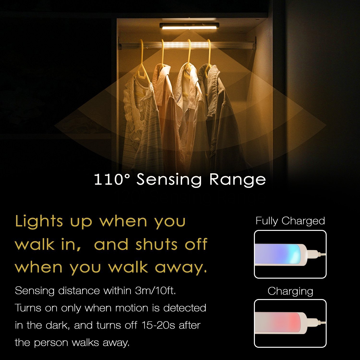 Motion Sensing Wardrobe Lights, Under Cabinet Lightening, Portable 12 LED Emergency Flashlight Night Light Bar with Hook