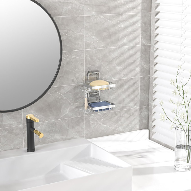 No Drilling Rustproof Stainless Steel Silver Double Soap Bar Holder for Shower
